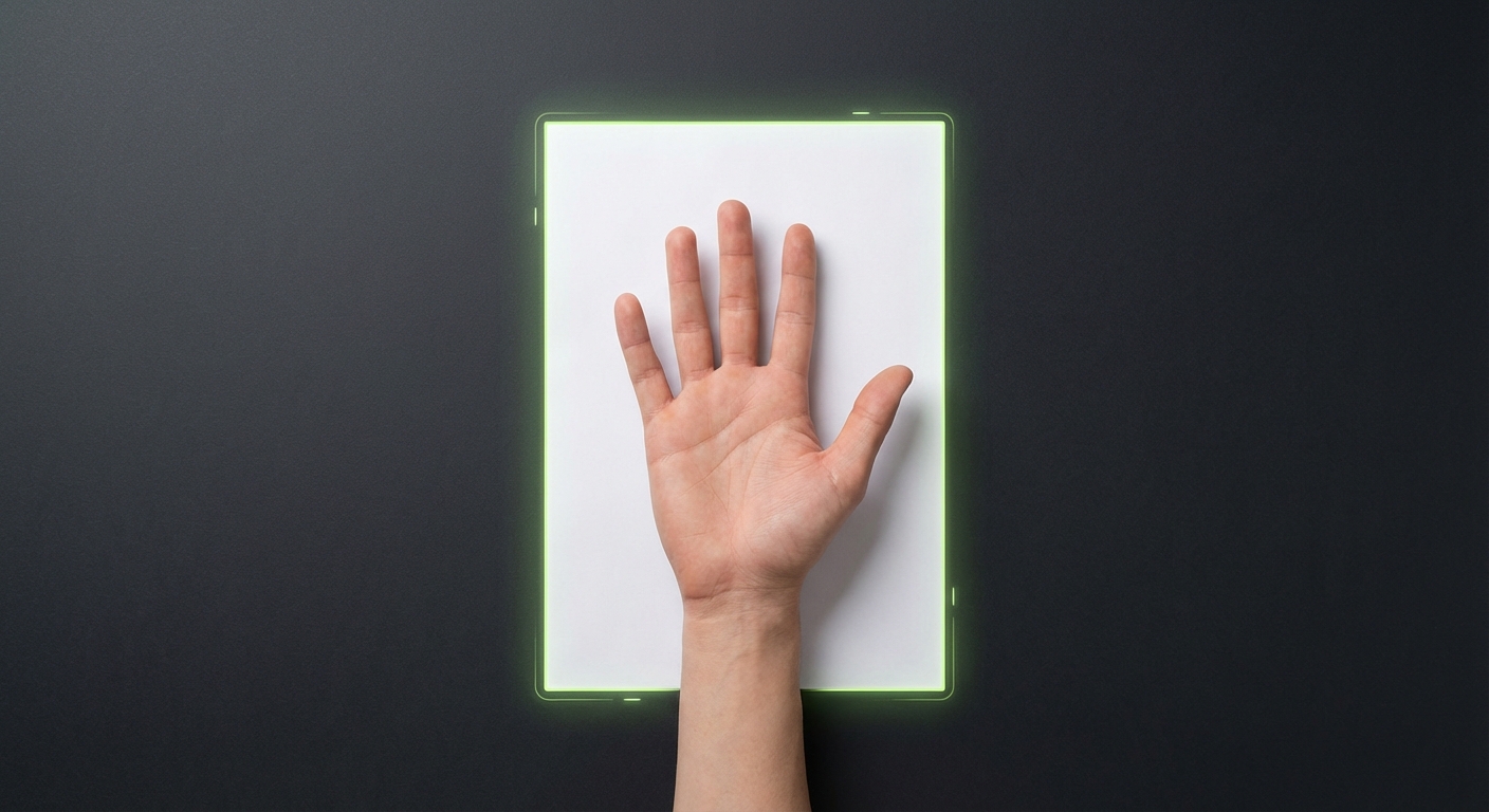 Bramkarz pokazuje dłoń położoną na kartce A4 — przykład idealnego kadru pomiaru